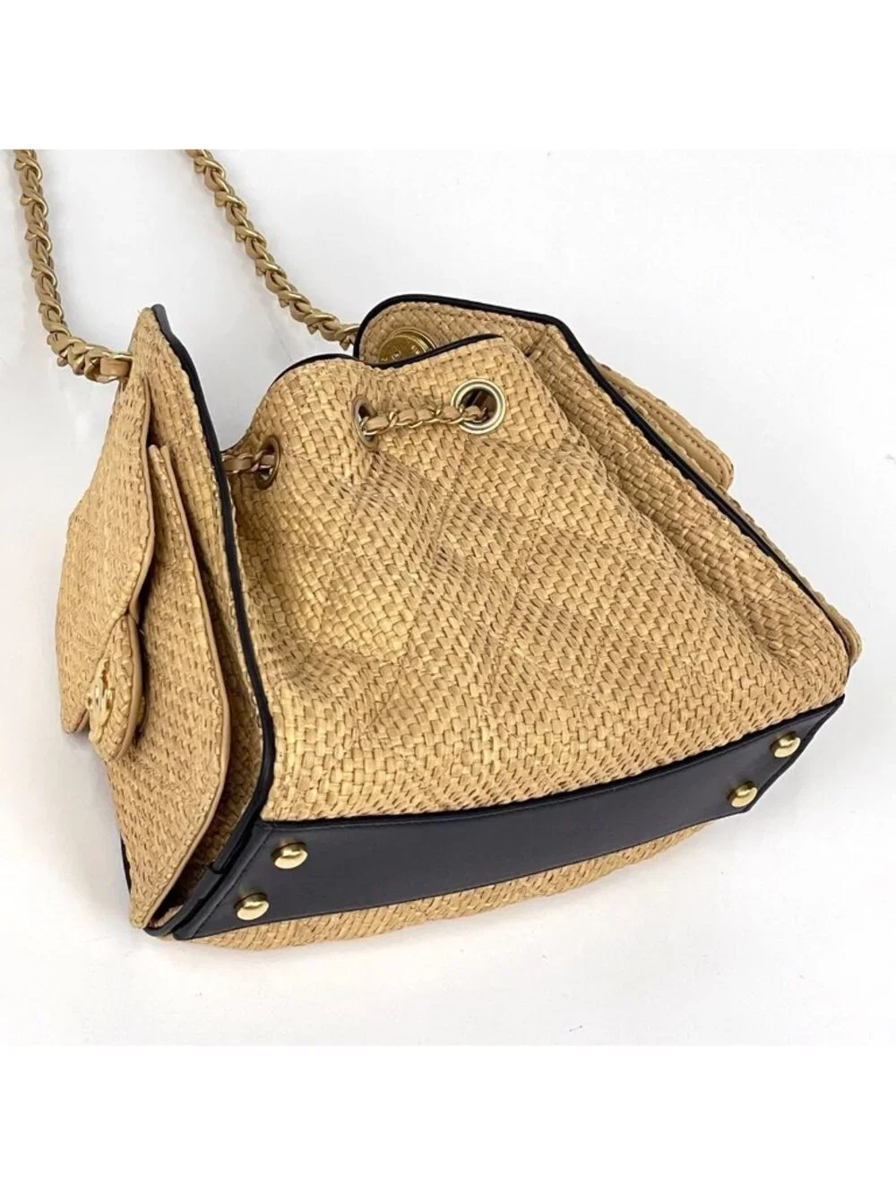 Chanel 25 Mini Handbag CC Logo Raffia Beige Black